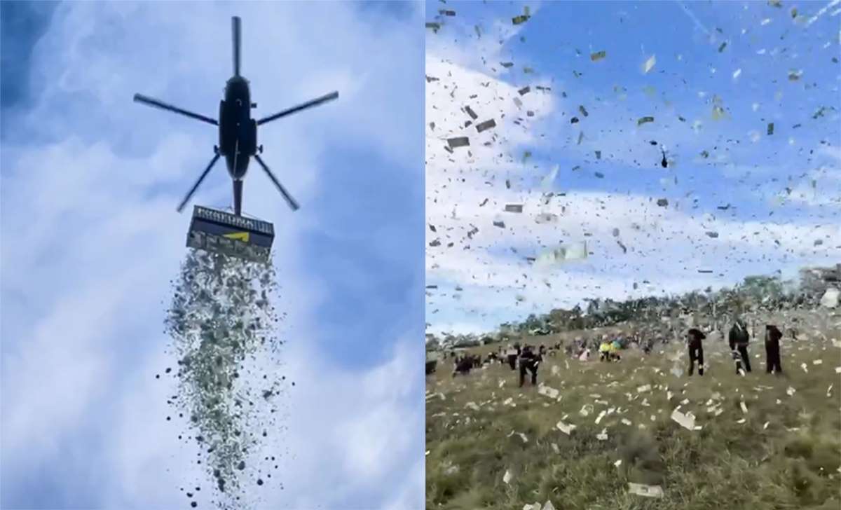 हेलिकॉप्टर में से आसमान से गिराए 8 करोड़ रुपये, लोग हुए पागल, यहाँ देखें पूरा वीडियो